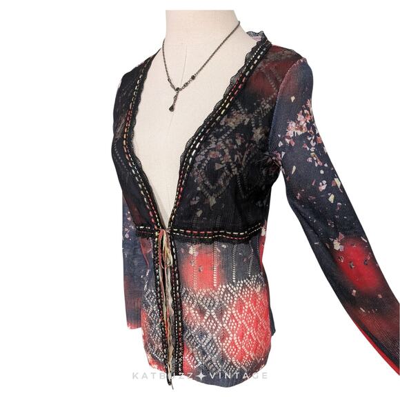 Alberto Makali Cardigan Sweater M Black Red Babydoll Silk Tie Feminine Fairy - Picture 7 of 16